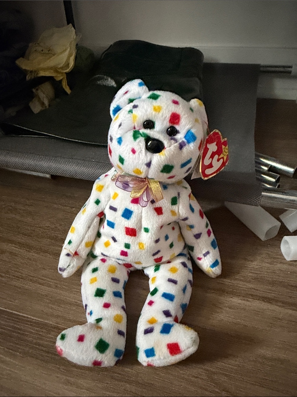 Ty Multicolor Confetti Bear Plush - White Base with Rainbow Spots